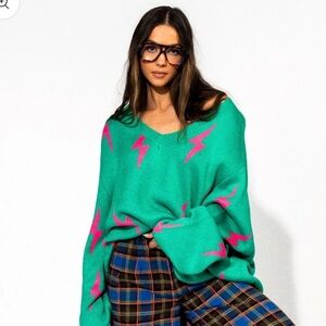 Dressed In LaLa Oversized Lightning Bolt Knit Sweater in Green+Pink